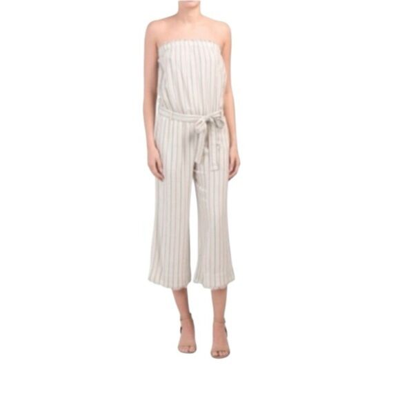 Cloth and Stone Strapless Tie Waist Frayed Hem Striped Jumpsuit Size Small - Picture 1 of 14